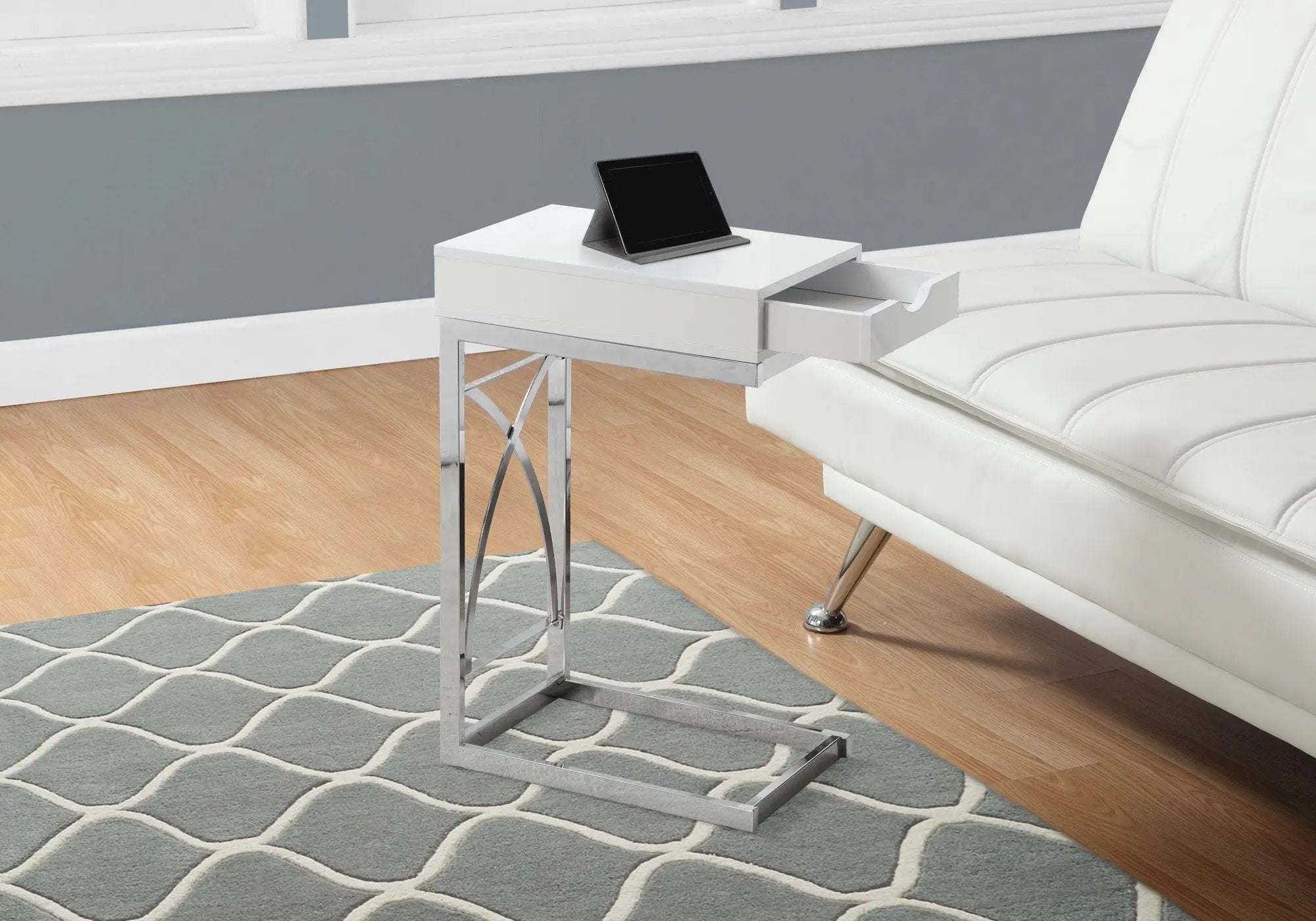 Accent Table, C-Shaped Glossy Contemporary & Modern - White by HouseOfZazla