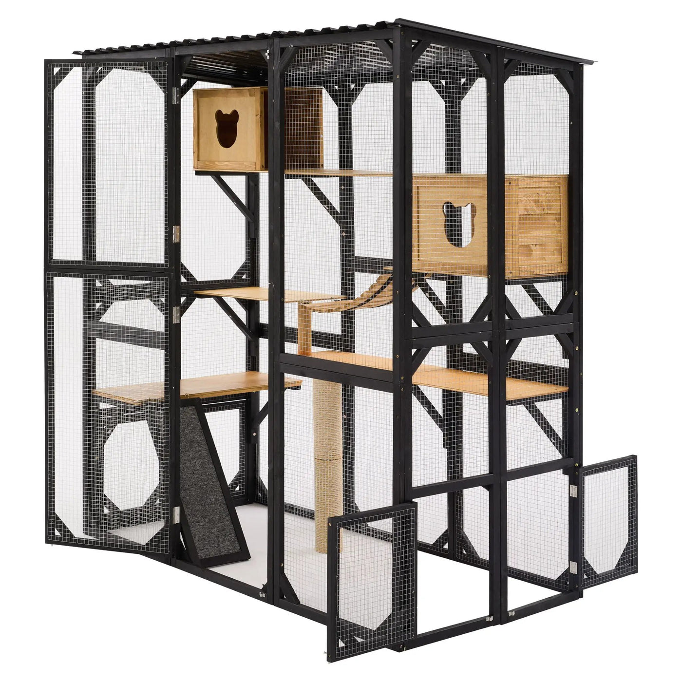 Outdoor Cat Enclosure With Sleeping Houses, Jumping Platforms, Scratching Post by HouseOfZazla