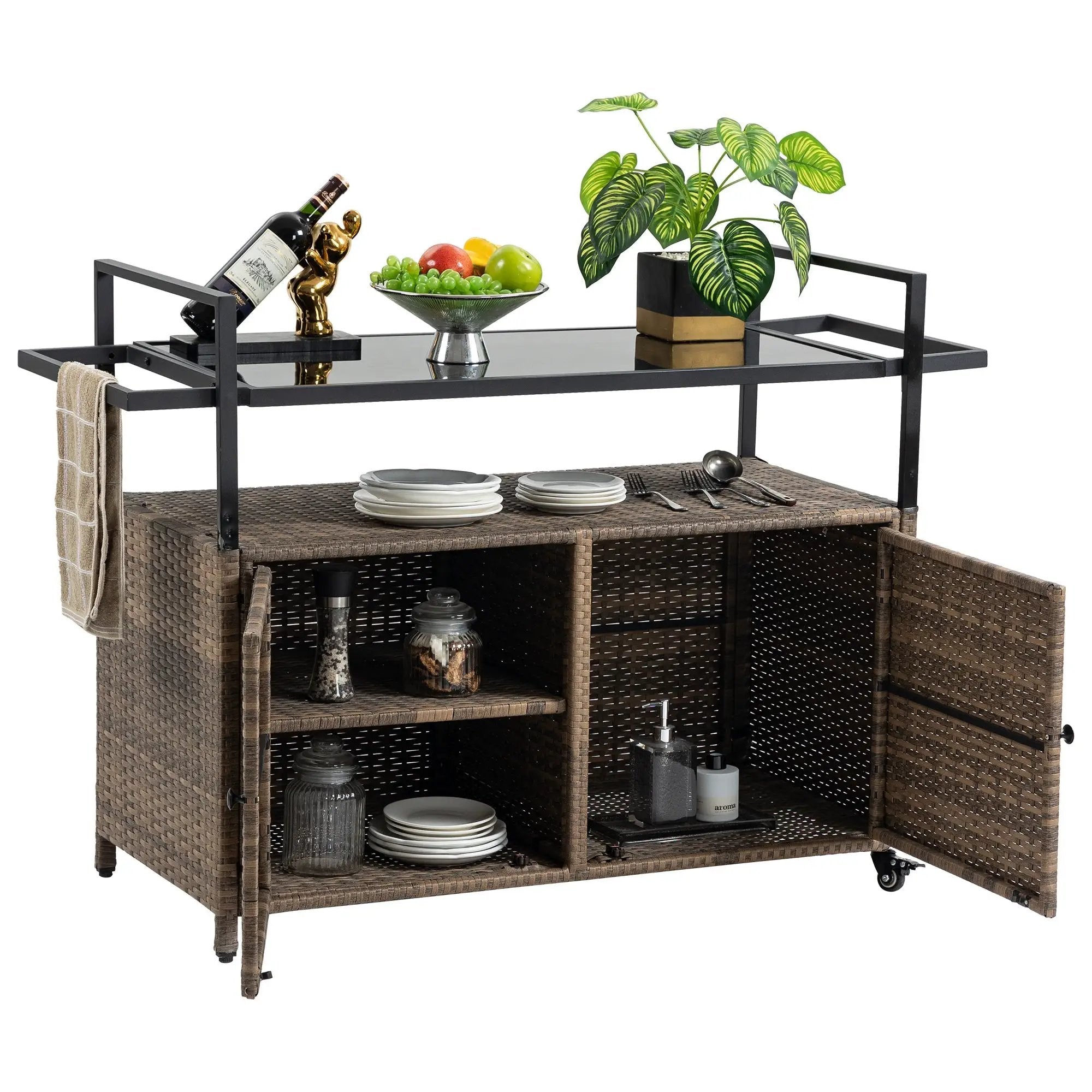 Outdoor Wicker Bar Cart with Glass Top and Wheels by HouseOfZazla