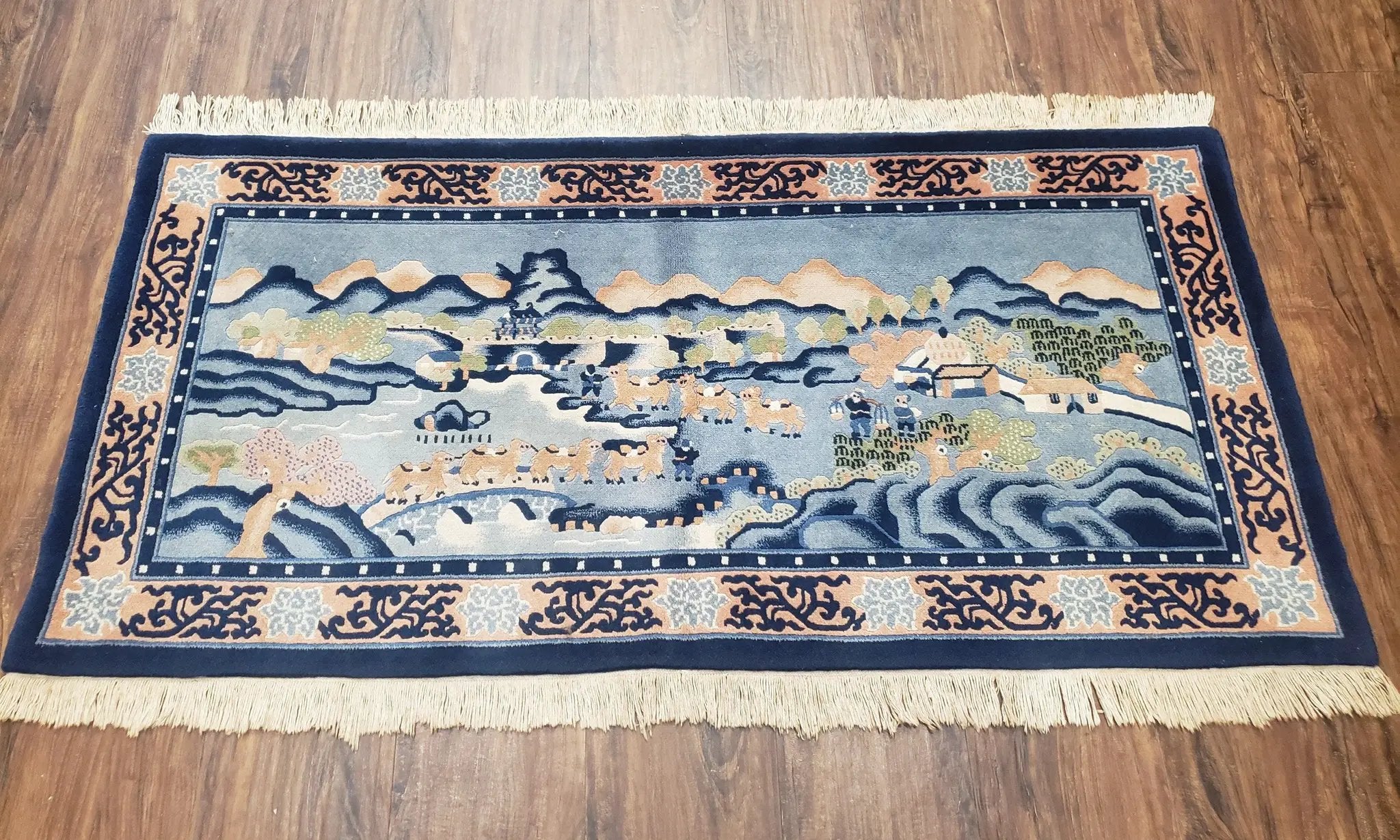 Vintage Chinese Pictorial Rug 2'4" x 4' 7", Chinese Village, Wool Hand-Knotted Blue & Teal Fine Carpet, Tapestry Rug, Woven Wall Art by Jewel Rugs