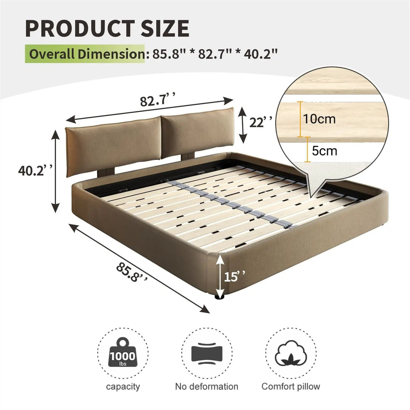 Cloud Bed Frame With Oversized Padded Movable Headboard by HouseOfZazla