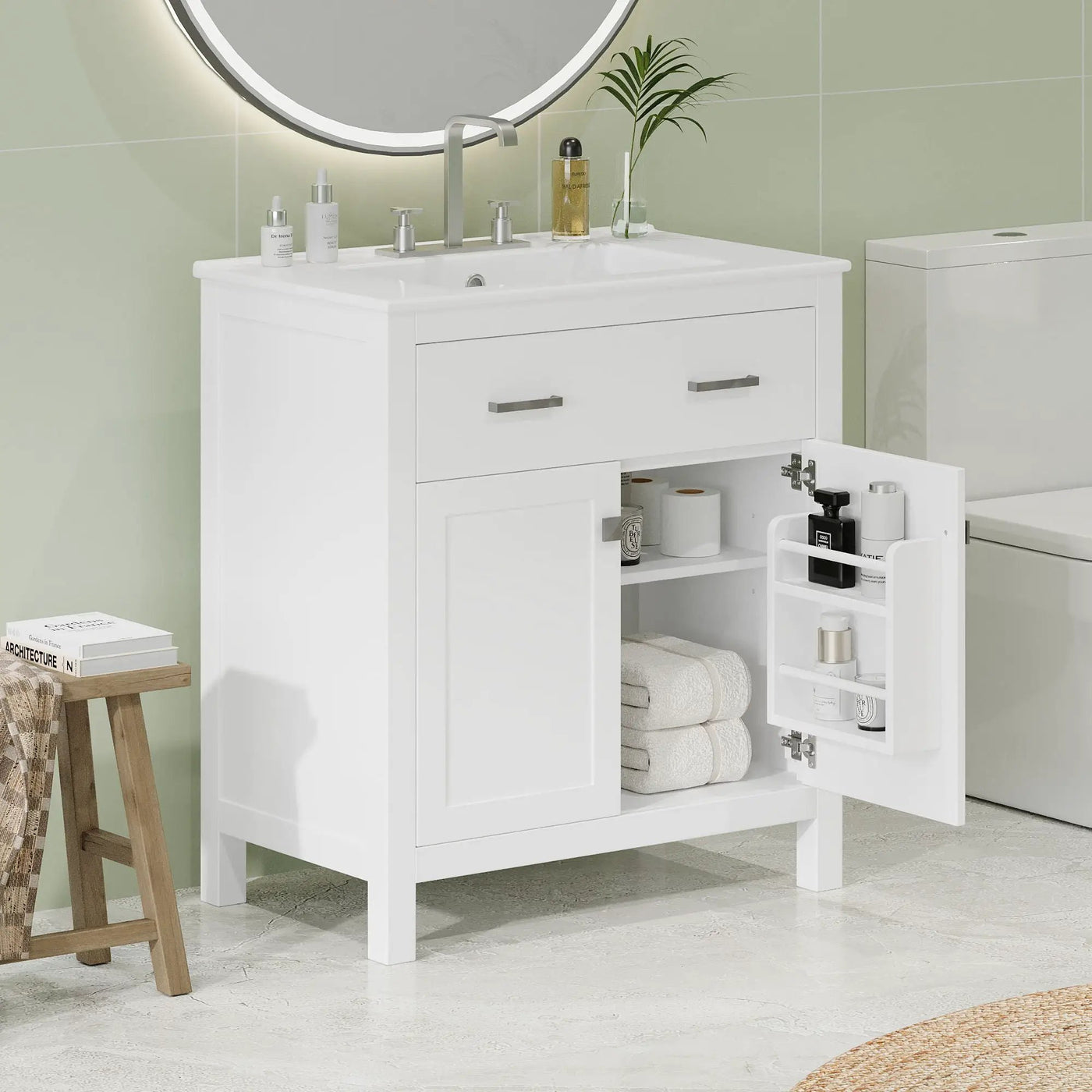 Bathroom Vanity With Ceramic Sink, Modern Single Bathroom Cabinet With 2 Doors And A Shelf, Soft Close Doors by HouseOfZazla