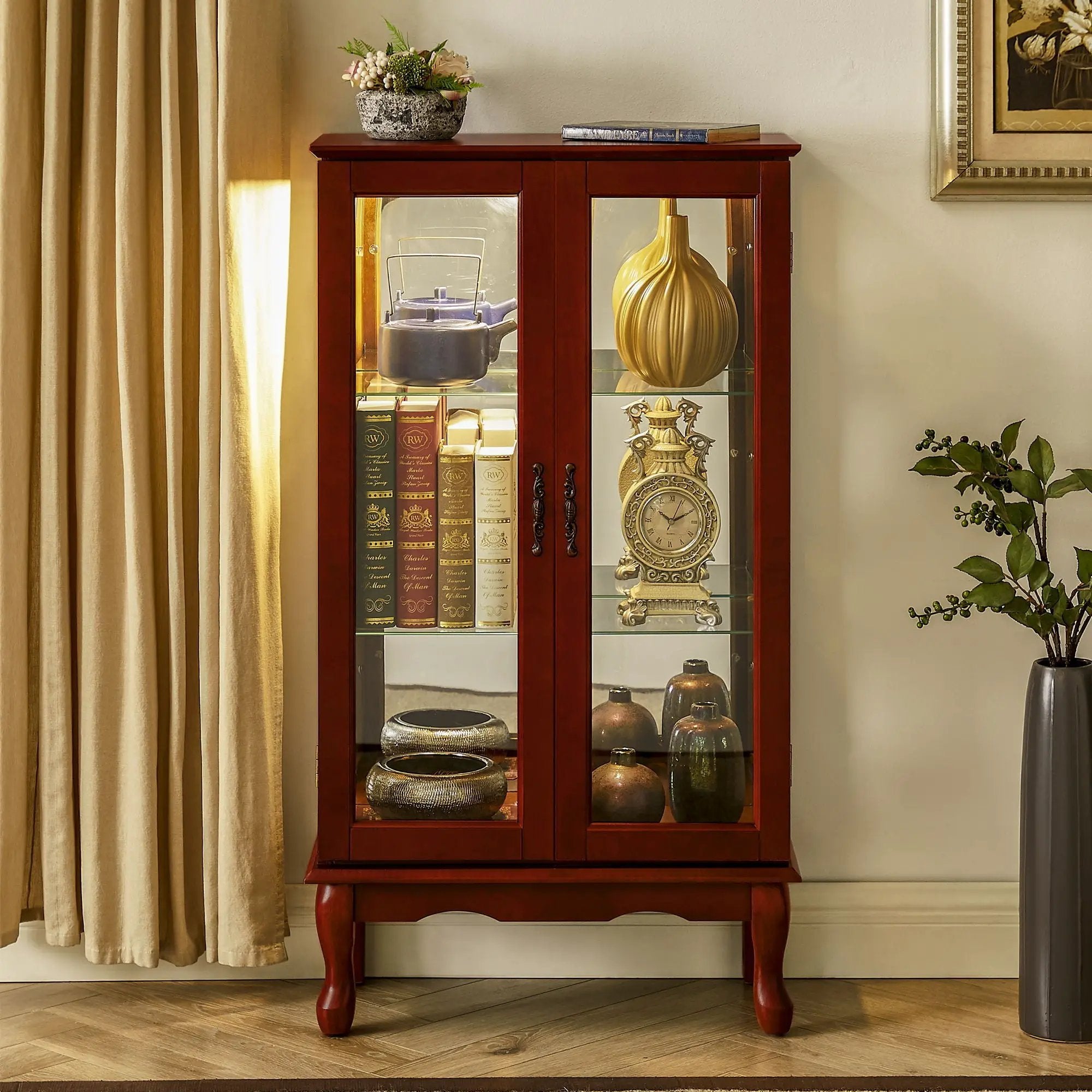 Curio Cabinet Lighted Curio Diapaly Cabinet With Adjustable Shelves And Mirrored Back Panel, Tempered Glass Doors (3 Tier), (E26 Light Bulb Not Included) by Unique Piece Furniture
