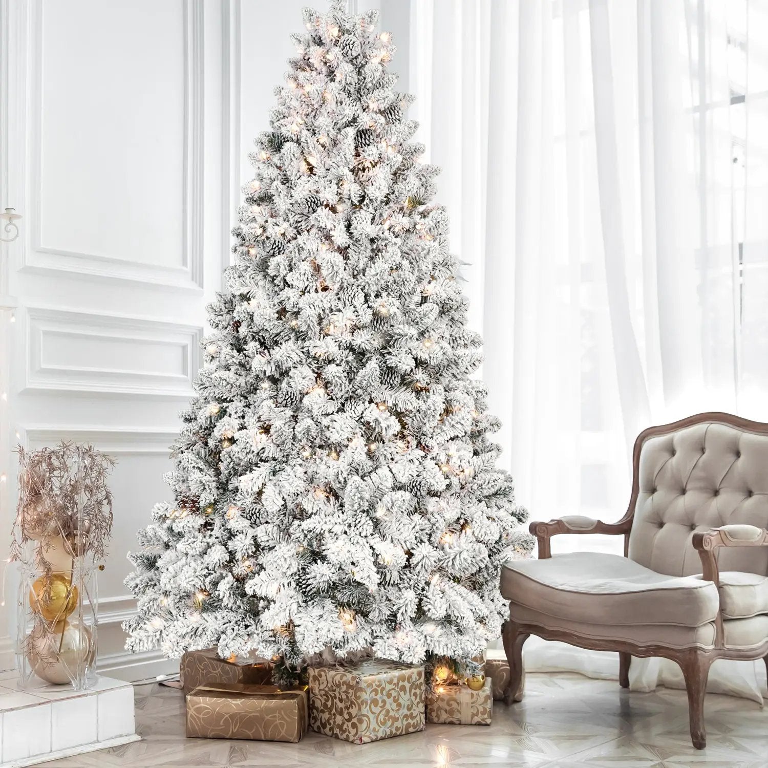9FT Flocked Christmas Tree with 850 UL Lights and Pine Cones by HouseOfZazla