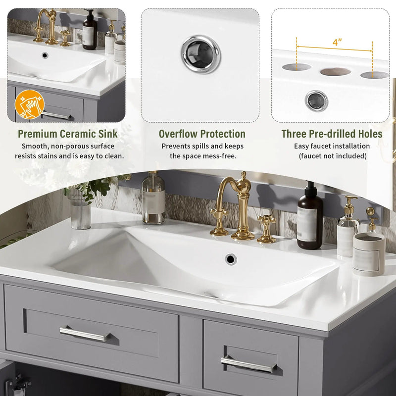 Modern Bathroom Vanity With Sink, Storage Cabinet, Soft Close Doors, Deep & Standard Drawers by Unique Piece Furniture