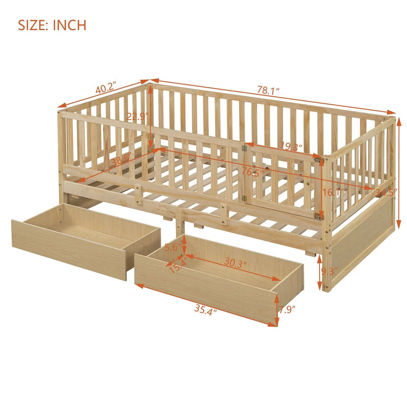 Daybed With Fence Guardrails And 2 Drawers, Split Into Independent Floor Bed & Daybed by HouseOfZazla