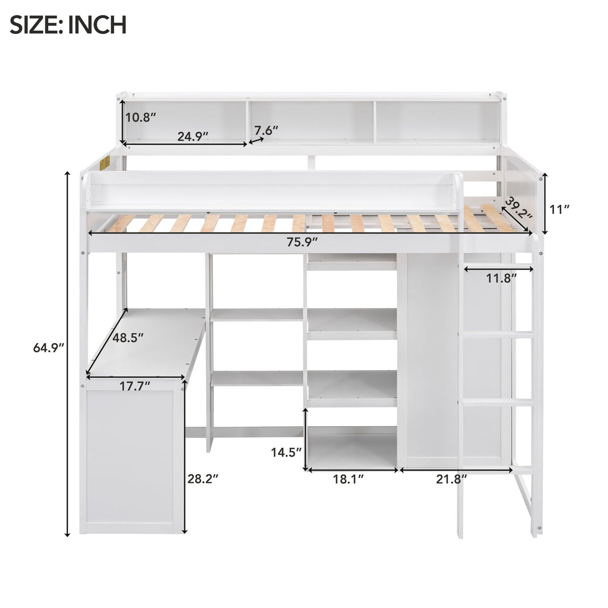Twin Loft Bed with Built-In Desk, Storage Shelves & Wardrobe - Wood Frame, photo 7 of 26