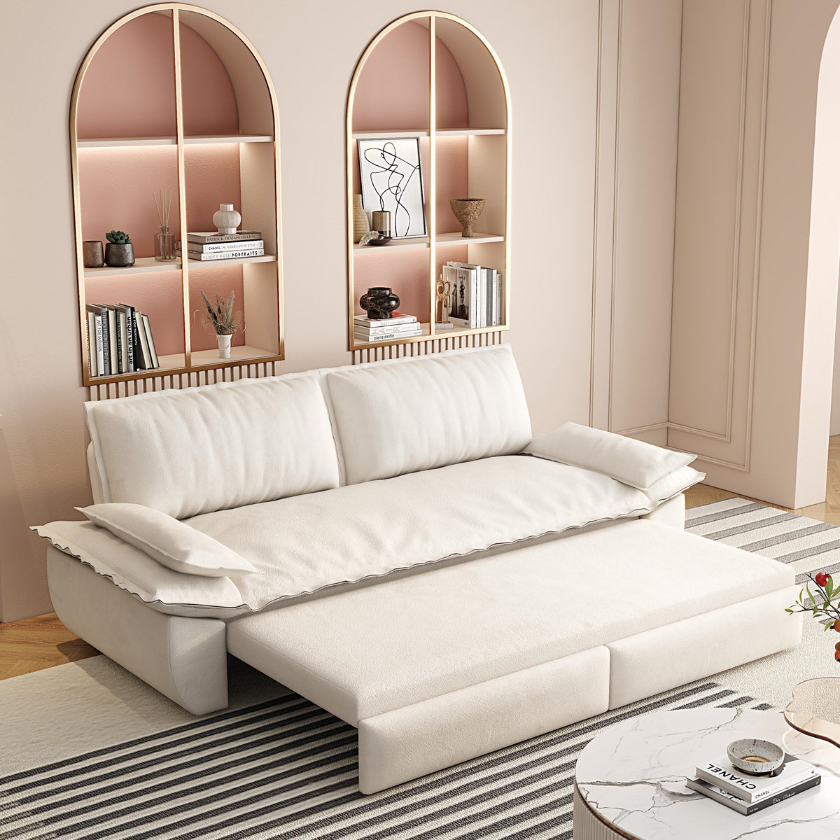 3-in-1 Convertible Velvet Sofa Bed with Queen Pull Out Sleeper - Beige/White, photo 3 of 10
