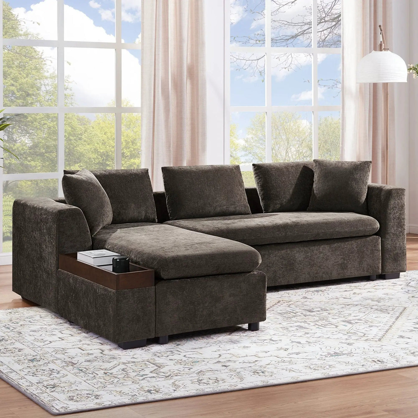 Modern L Shaped Sectional Sofa With Upholstery And Wooden Storage by Unique Piece Furniture