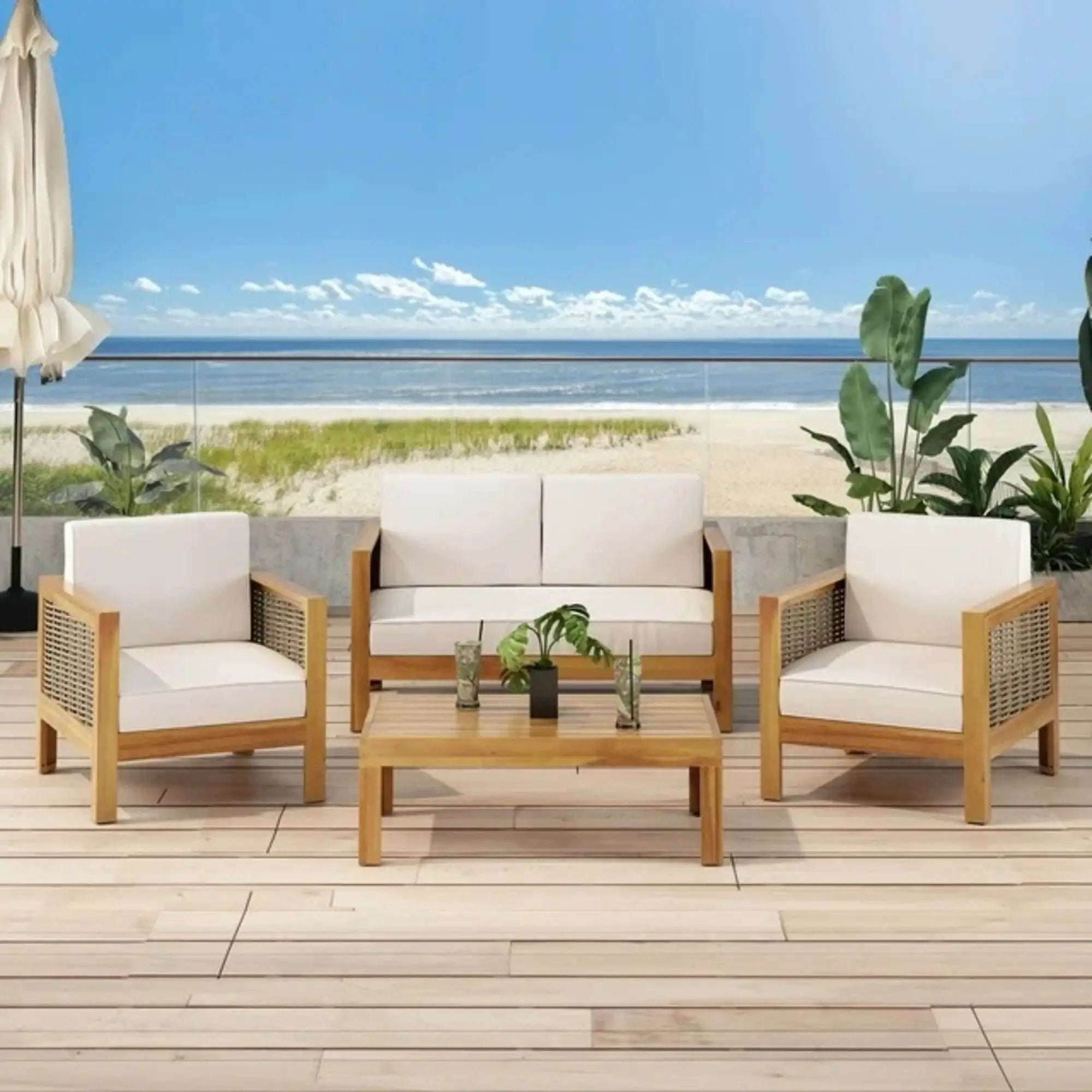Outdoor 4 Seater Acacia Wood Chat Set With Wicker Accents And Cushions by HouseOfZazla