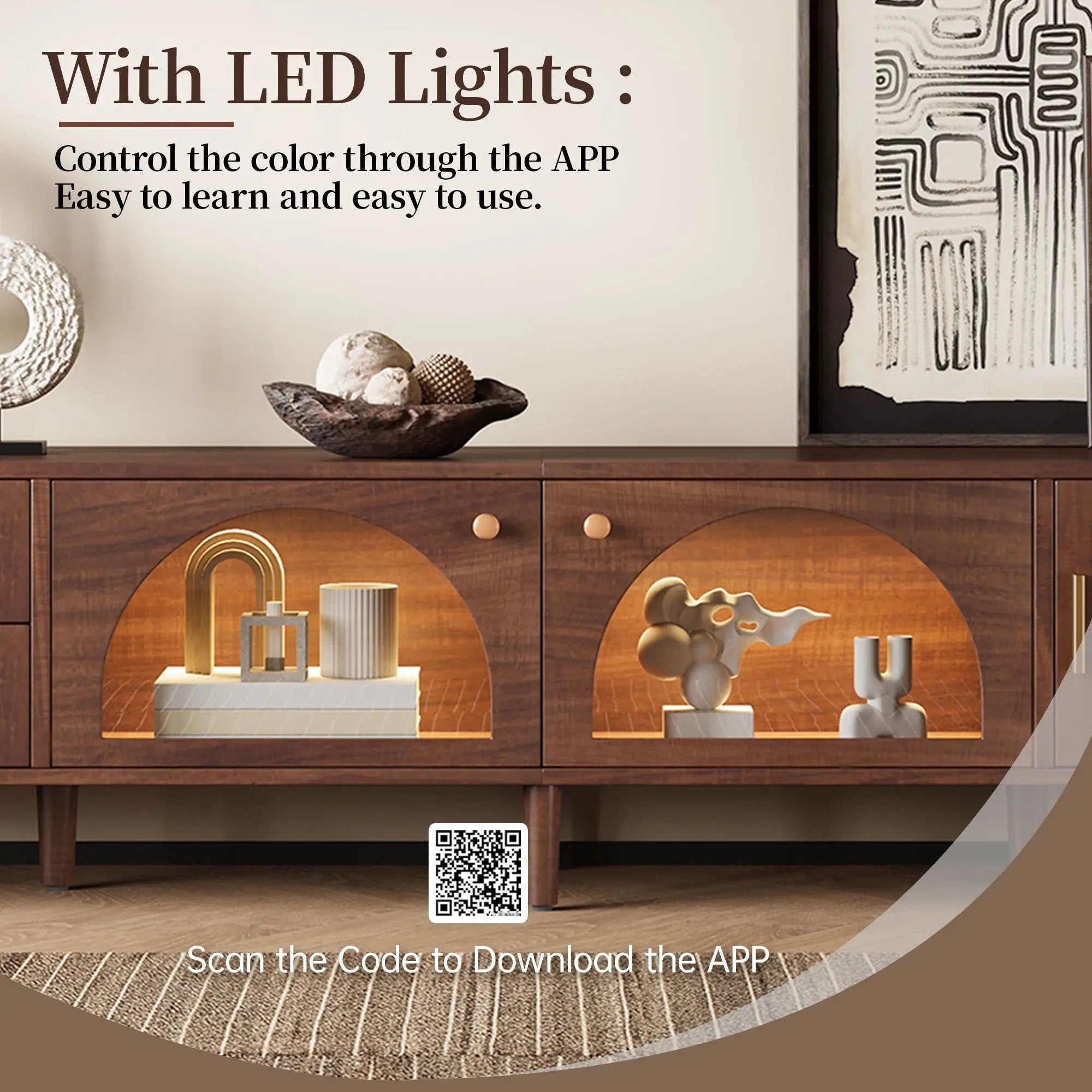 TV Stand With App-Controlled LED Lights, 2 Drawers & Door Storage