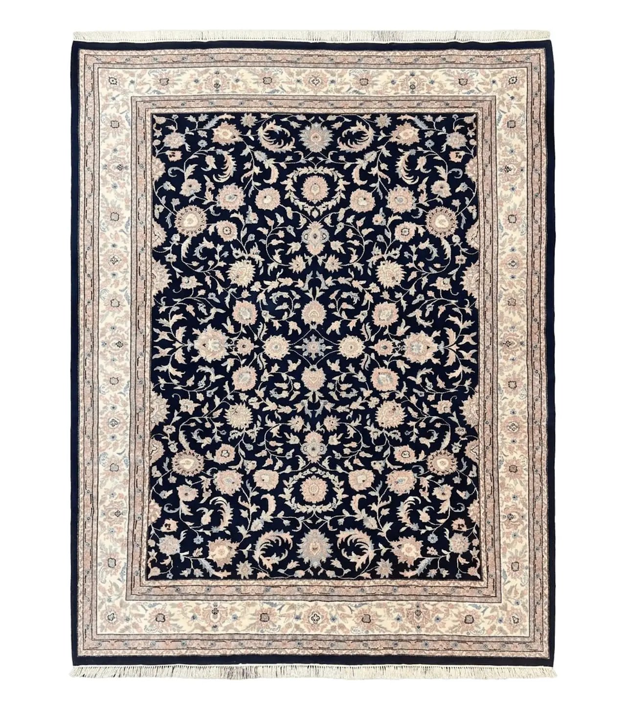 Indo Persian Rug 9x12, Navy Blue and Ivory/Cream, Floral Allover, Wool Vintage Handmade Carpet by Jewel Rugs