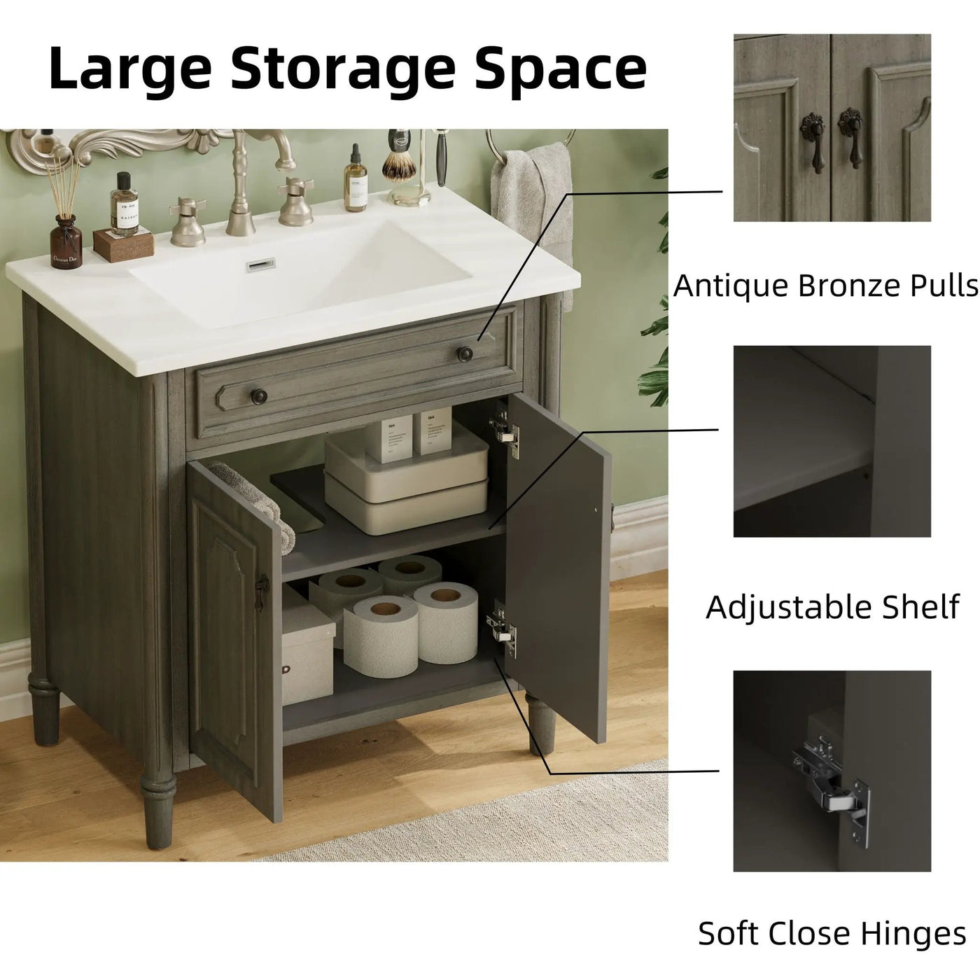 Vintage Bathroom Vanity With Sink, Rustic Cabinet With Soft Close Doors by HouseOfZazla