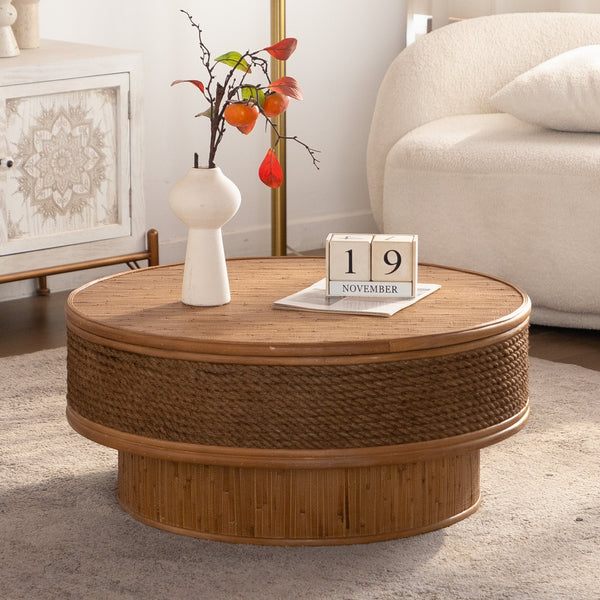 31.5" Round Retro Coffee Table With Flip-top Cover - Hemp Rope + Rattan,Featuring a Vintage