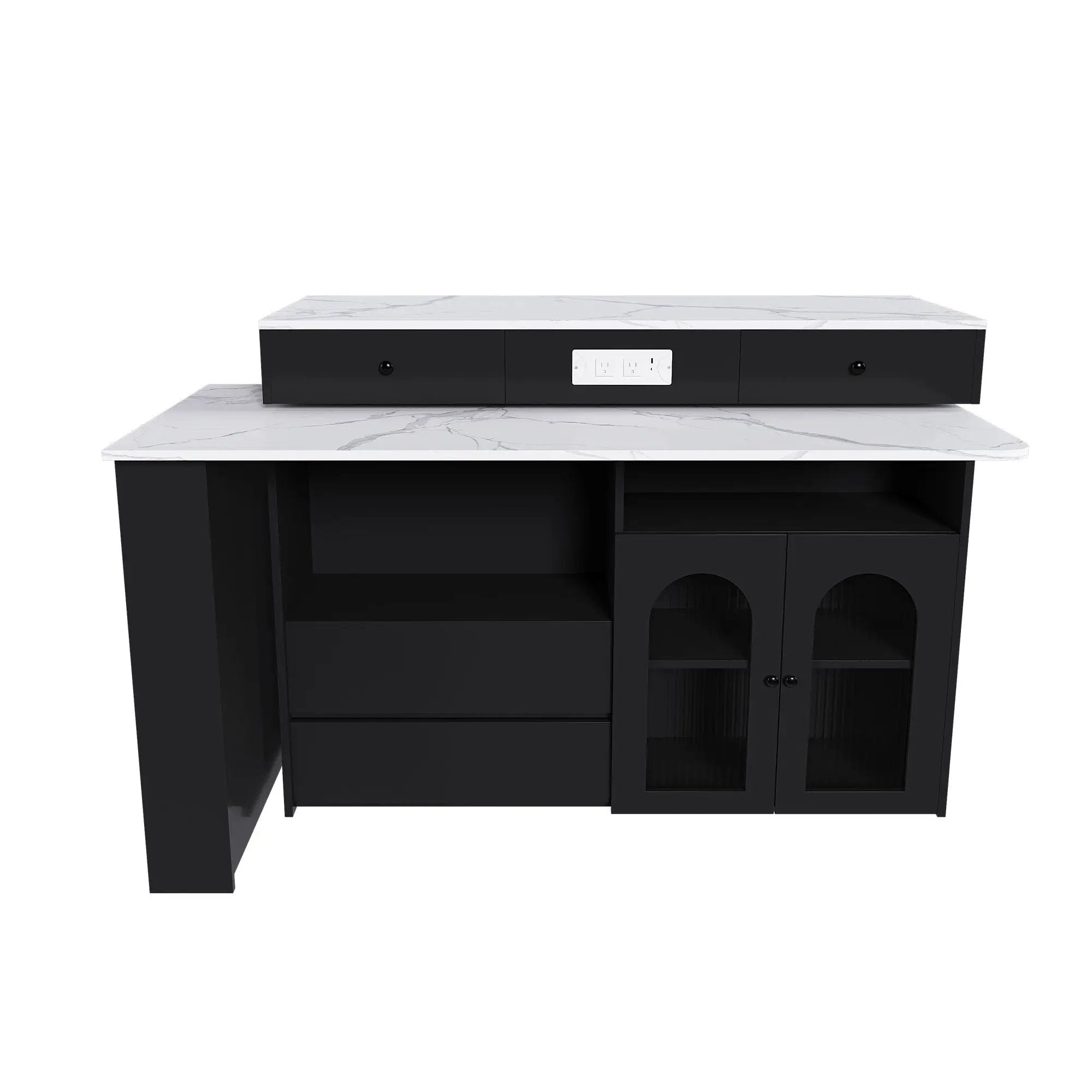 Kitchen Island With Extendable Rotating Table, 4 Drawers & Glass Door Cabinets, Built In Socket - Black