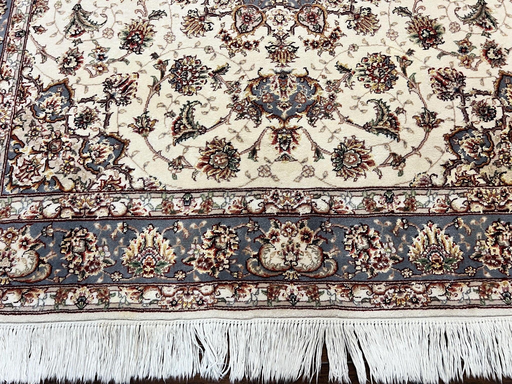 Sino Persian Square Rug 5x5, Very Fine Oriental Carpet, Wool & Silk Highlights, Ivory, Hand Knotted Handmade Vintage Traditional Rug by Jewel Rugs