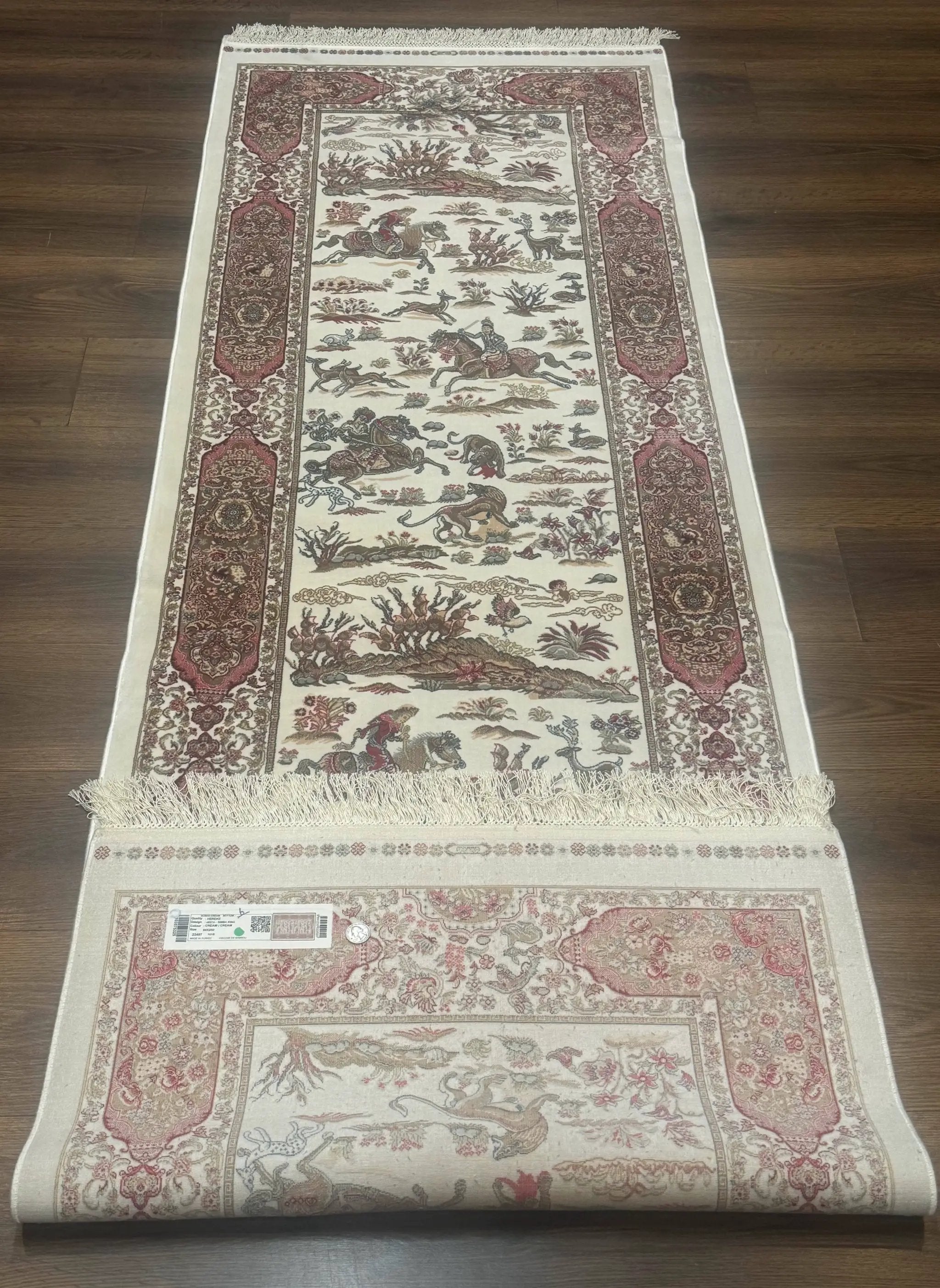 Turkish Silk Runner Rug 2.6 x 8, Hunting Design, Ivory, Bamboo Silk, New by Jewel Rugs