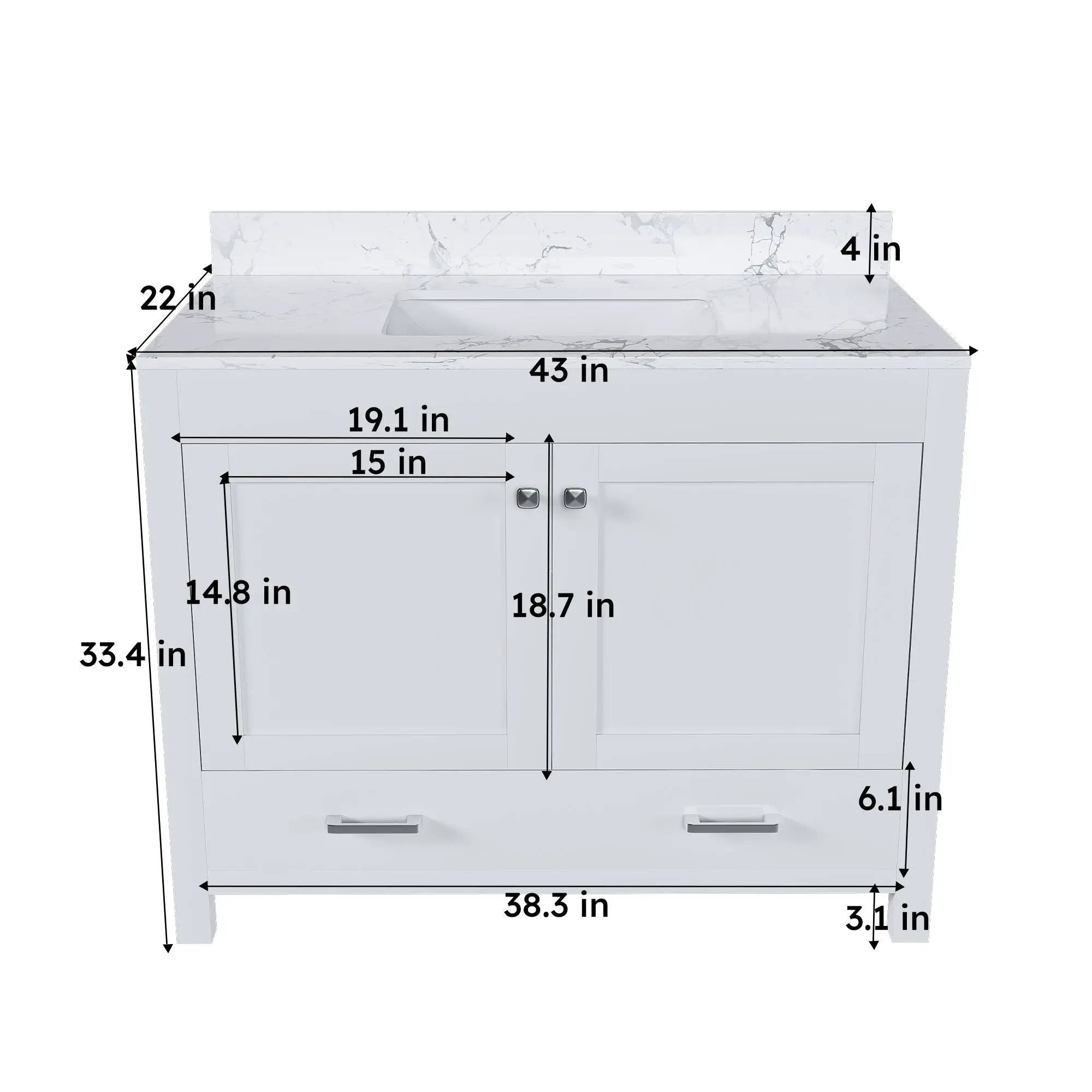 43" Bathroom Vanity With Artificial Marble Carrara Top Set, Multi Functional Bathroom Cabinet With Doors And Drawer - White by HouseOfZazla