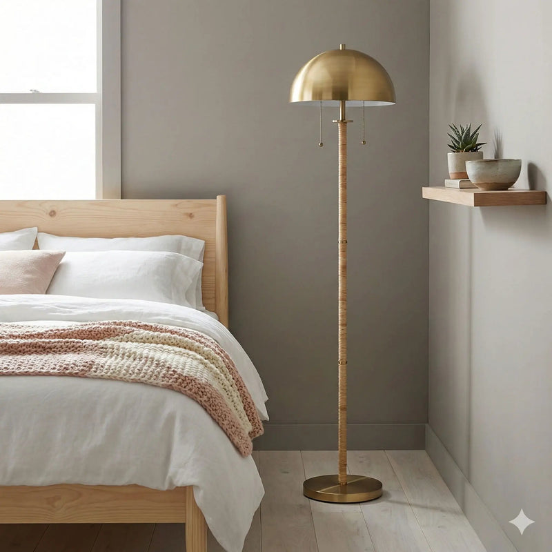 Allure - 2 Light Floor Lamp, Gold, Natural Tube, Double On / Off Pull Chain - Gold / Rattan by HouseOfZazla