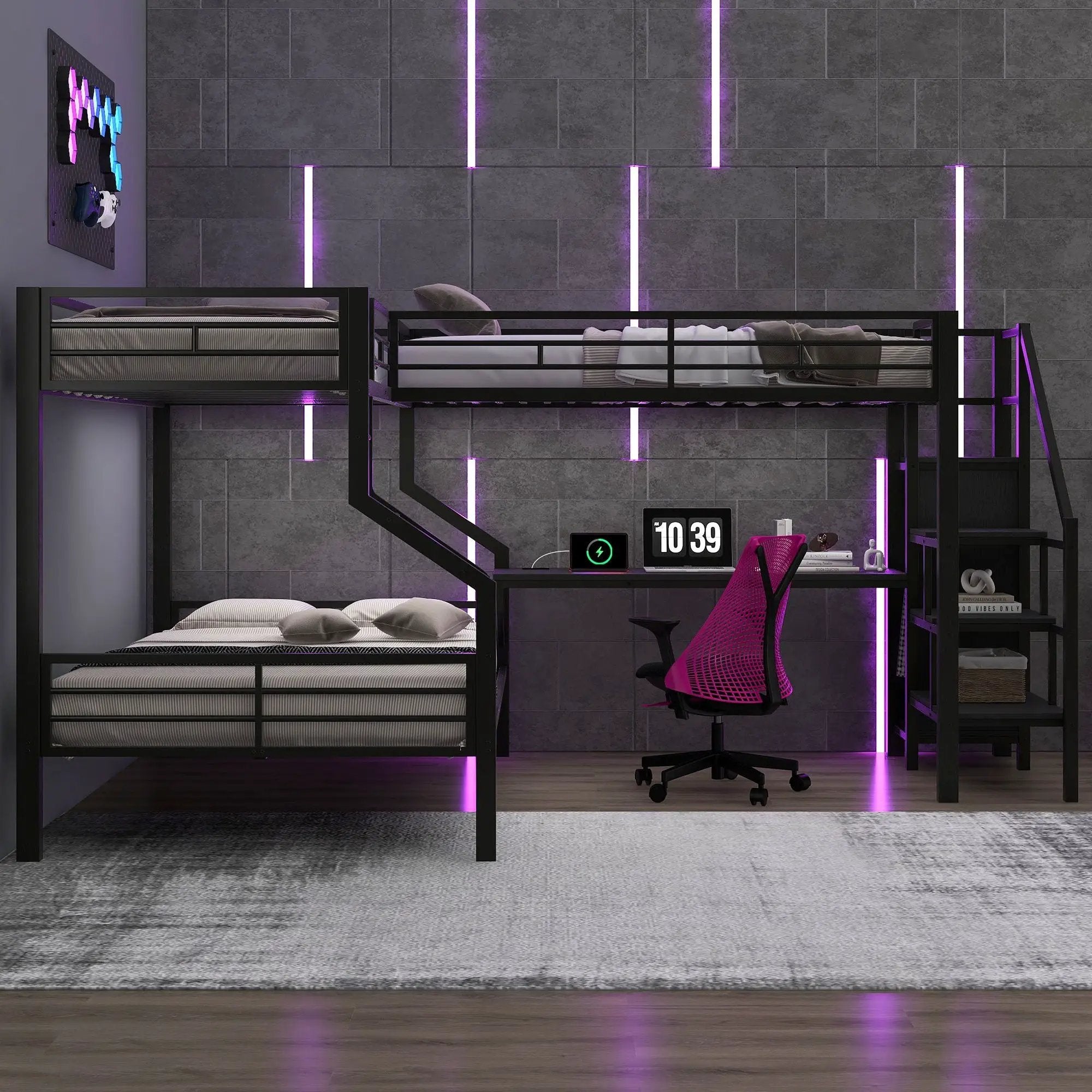 Twin Over Full L Shaped Bunk & Loft Bed With Built-In Wardrobe, Desk, And USB Ports - Black by HouseOfZazla