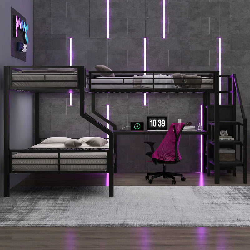 Twin Over Full L Shaped Bunk & Loft Bed With Built-In Wardrobe, Desk, And USB Ports - Black by HouseOfZazla