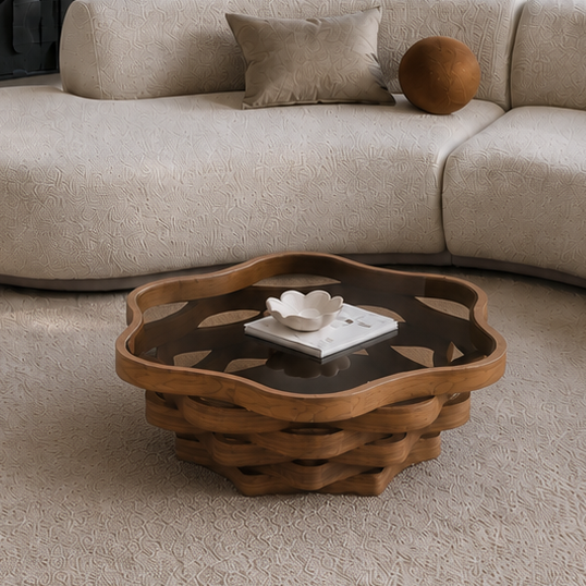 36.02" Unique Irregular Cloud Shaped Coffee Table with Tempered Glass Top, Multi-Layer Wave MDF Base Modern Artistic Cocktail Table for Living Room & Apartment, photo 3 of 7