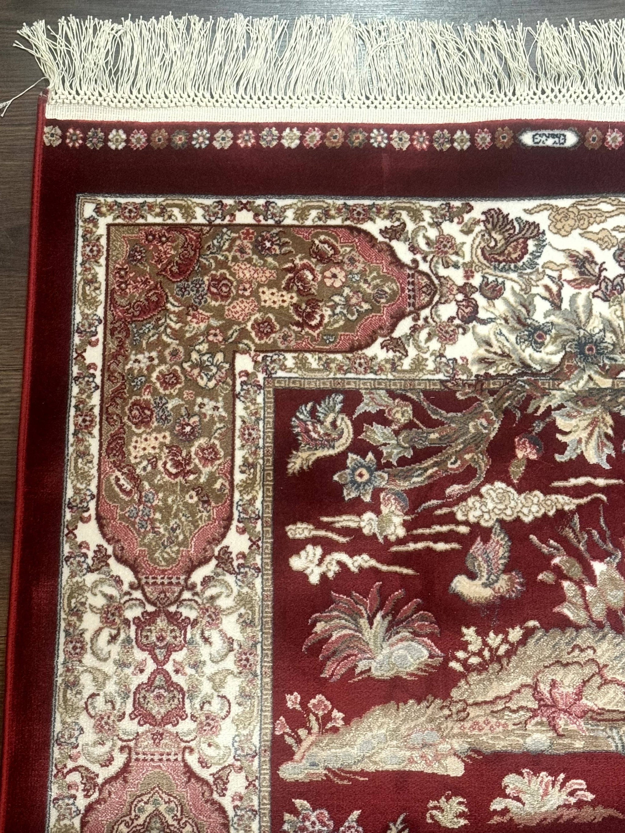 Turkish Silk Rug 2.6 x 6.7, Hunting Design, Short Runner Rug, Red & Ivory, Bamboo Silk, New by Jewel Rugs