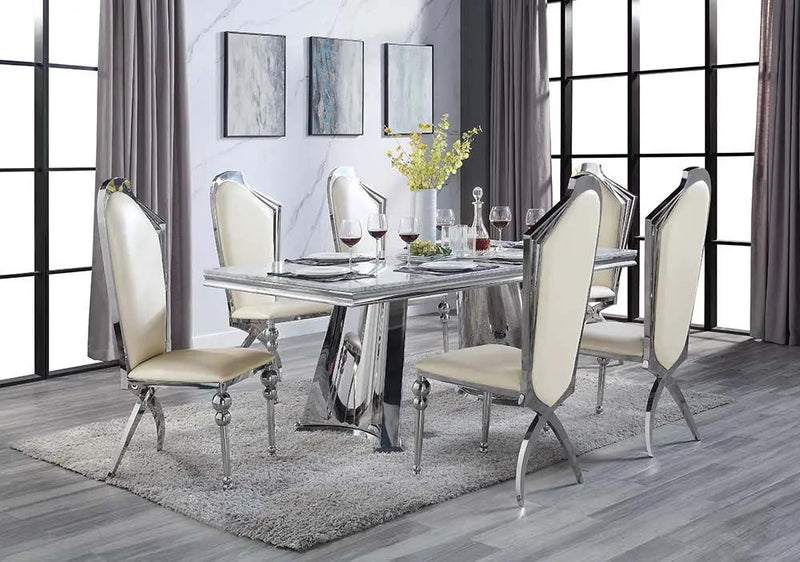 Destry - Dining Table With Engineering Stone Top & Pedestal Base - Engineering Stone Top & Mirrored Silver by Unique Piece Furniture