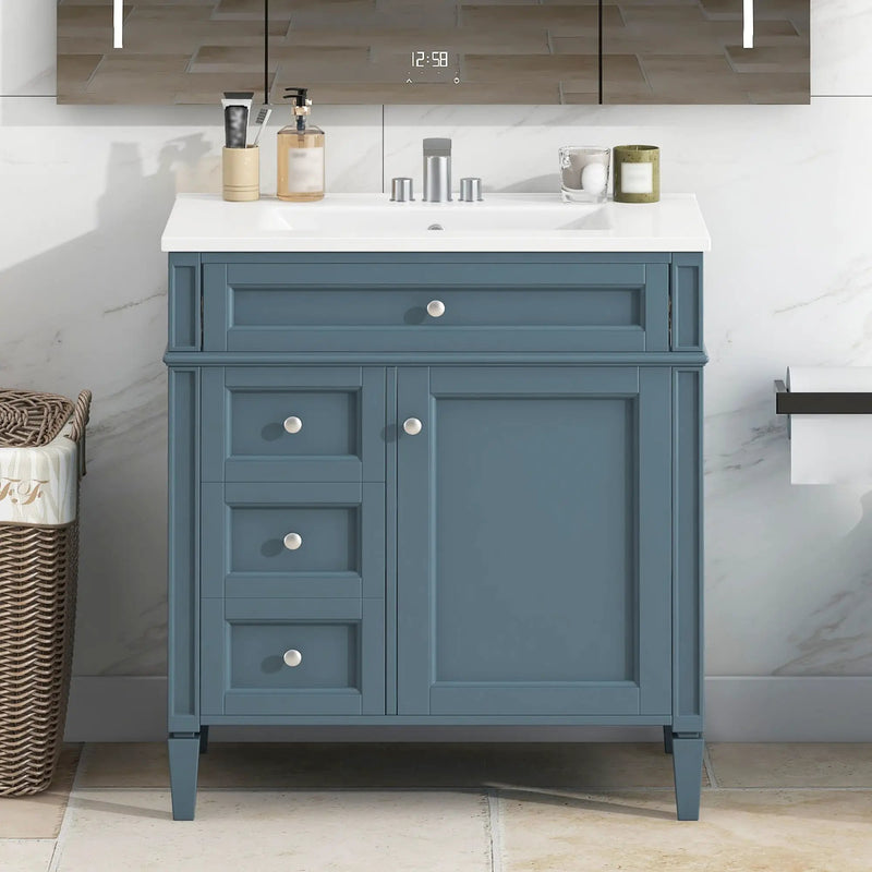 Bathroom Vanity With Top Sink, Storage Cabinet With 2 Drawers And Tip Out Drawer, Rectangular Design - Blue by Unique Piece Furniture