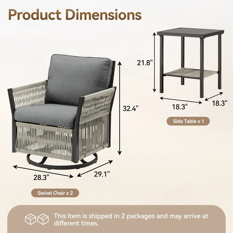 Swivel Outdoor Chairs Set of 2 with Side Table, 3 Pieces Wicker Furniture Set by HouseOfZazla
