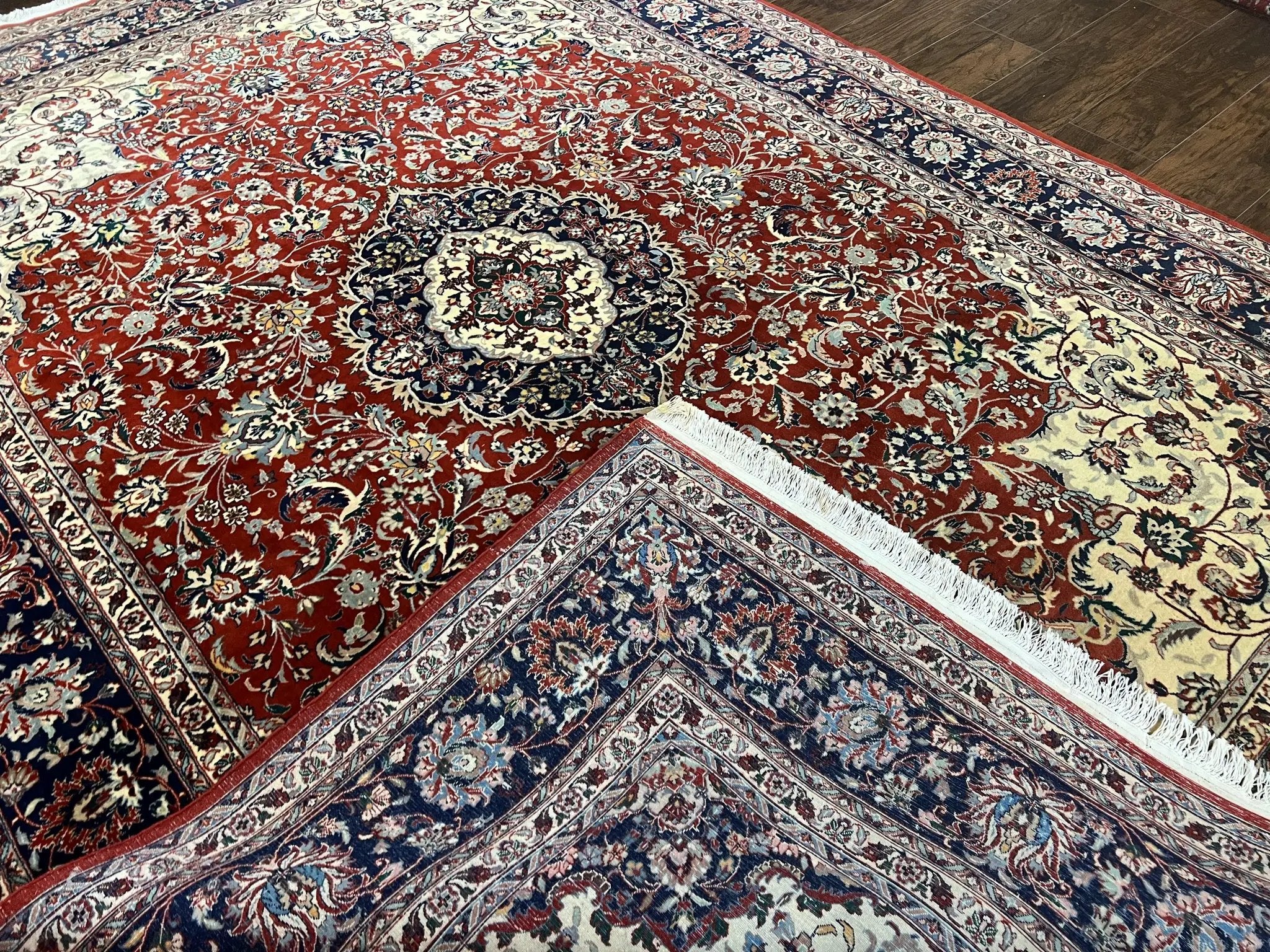 Fine Sino Persian Rug 7x10 ft, Floral Central Medallion Oriental Carpet, Red Navy Blue Cream, Hand Knotted Wool Traditional Vintage Rug by Jewel Rugs