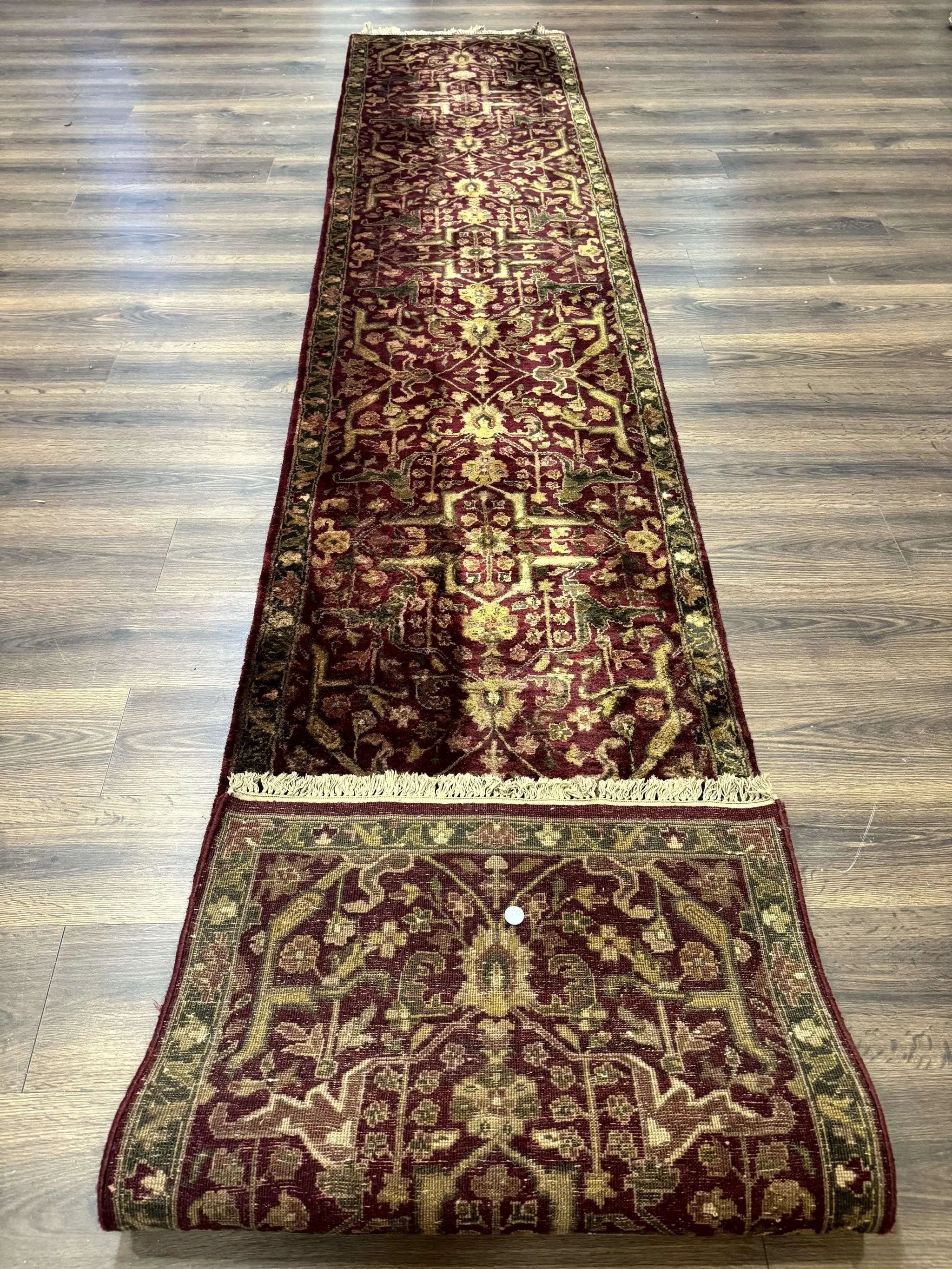 Indo Persian Runner Rug 2.7 x 13.8, Maroon, Wool, Handmade Indian Rug for Hallway by Jewel Rugs