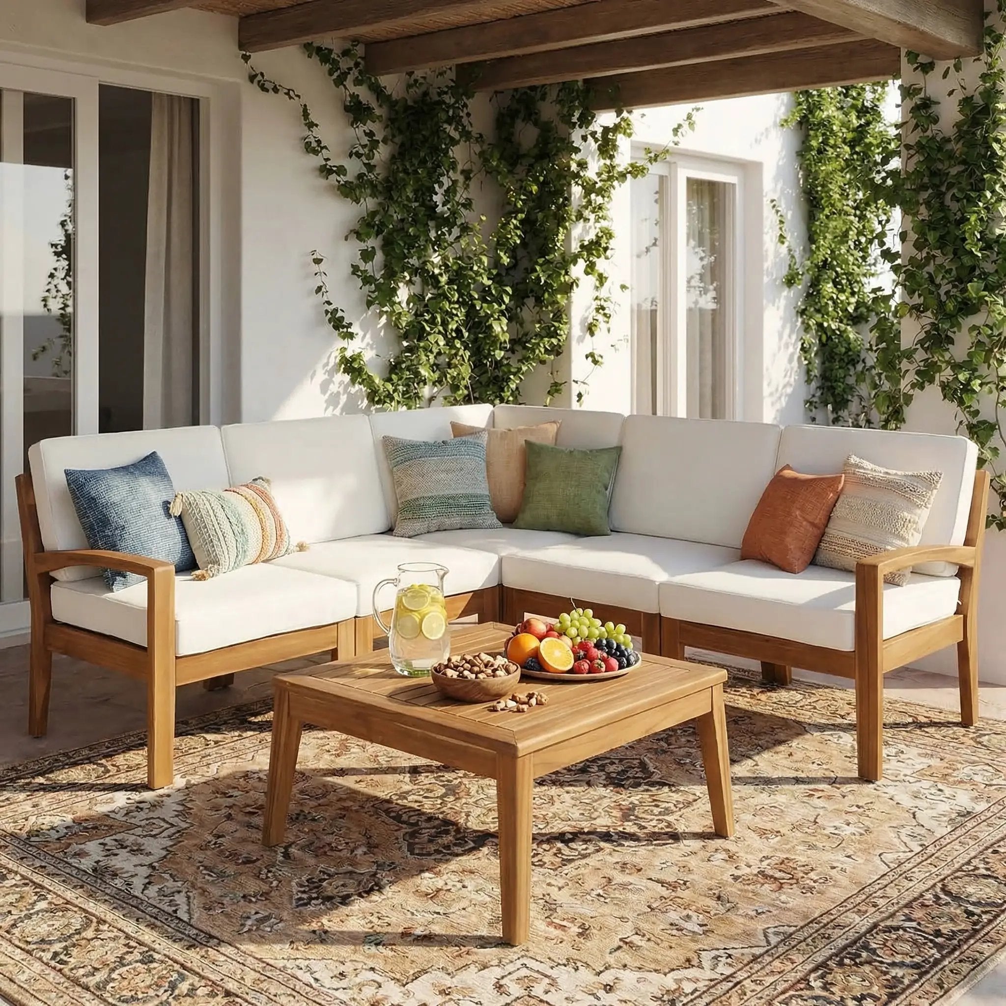Grenada 5 Seater Acacia Wood Sectional Sofa Set by HouseOfZazla