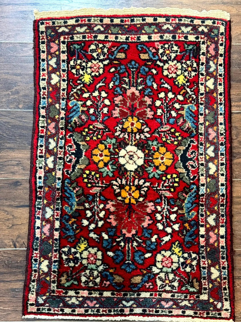 Small Persian Tribal Rug 2x3, Red Colorful Small Hamadan Carpet, Antique Persian Rug by Jewel Rugs