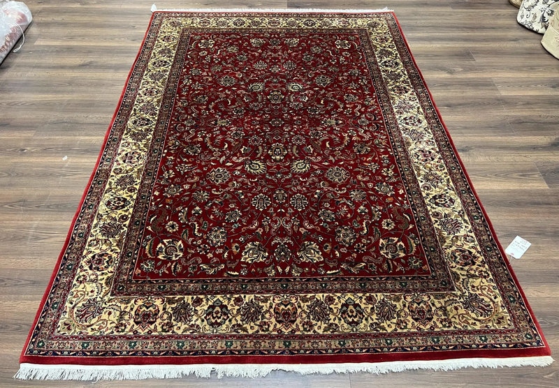 Vintage Indo Persian Rug 6x9, Very Finely Hand-Knotted Carpet 6 x 9 Red Cream Indian Oriental Carpet, Traditional Floral Wool Area Rug 1970s by Jewel Rugs