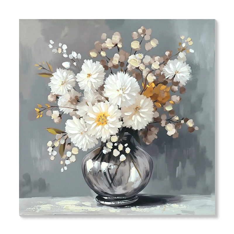 Chrysanthemum Vase Canvas Wall Art Decor Country - Stone White by HouseOfZazla