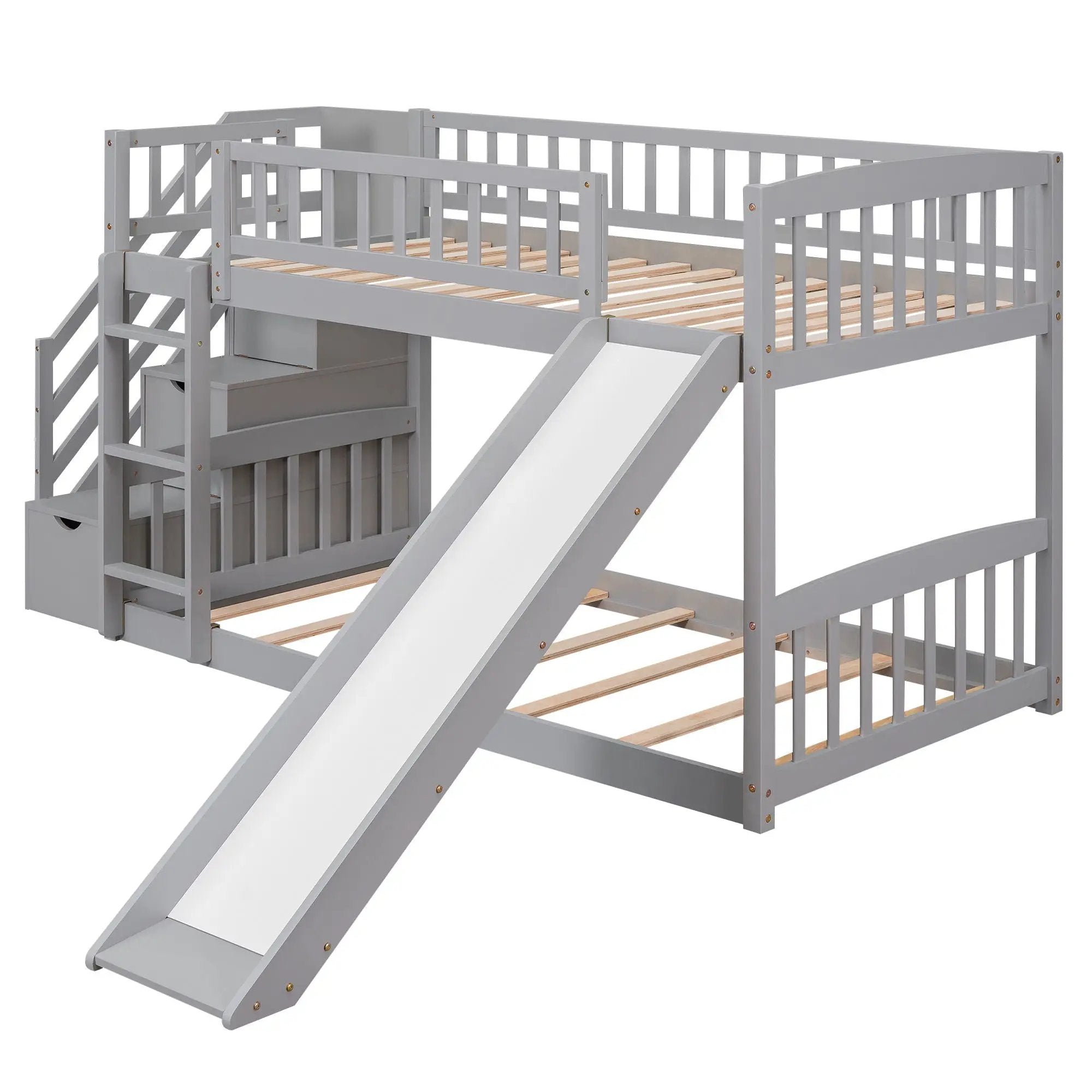 Twin Over Twin Bunk Stairway Bed With 2 Drawers And Slide - Gray by Unique Piece Furniture