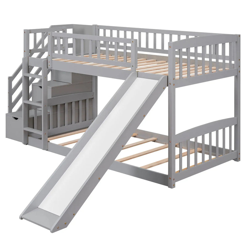 Twin Over Twin Bunk Stairway Bed With 2 Drawers And Slide - Gray by Unique Piece Furniture