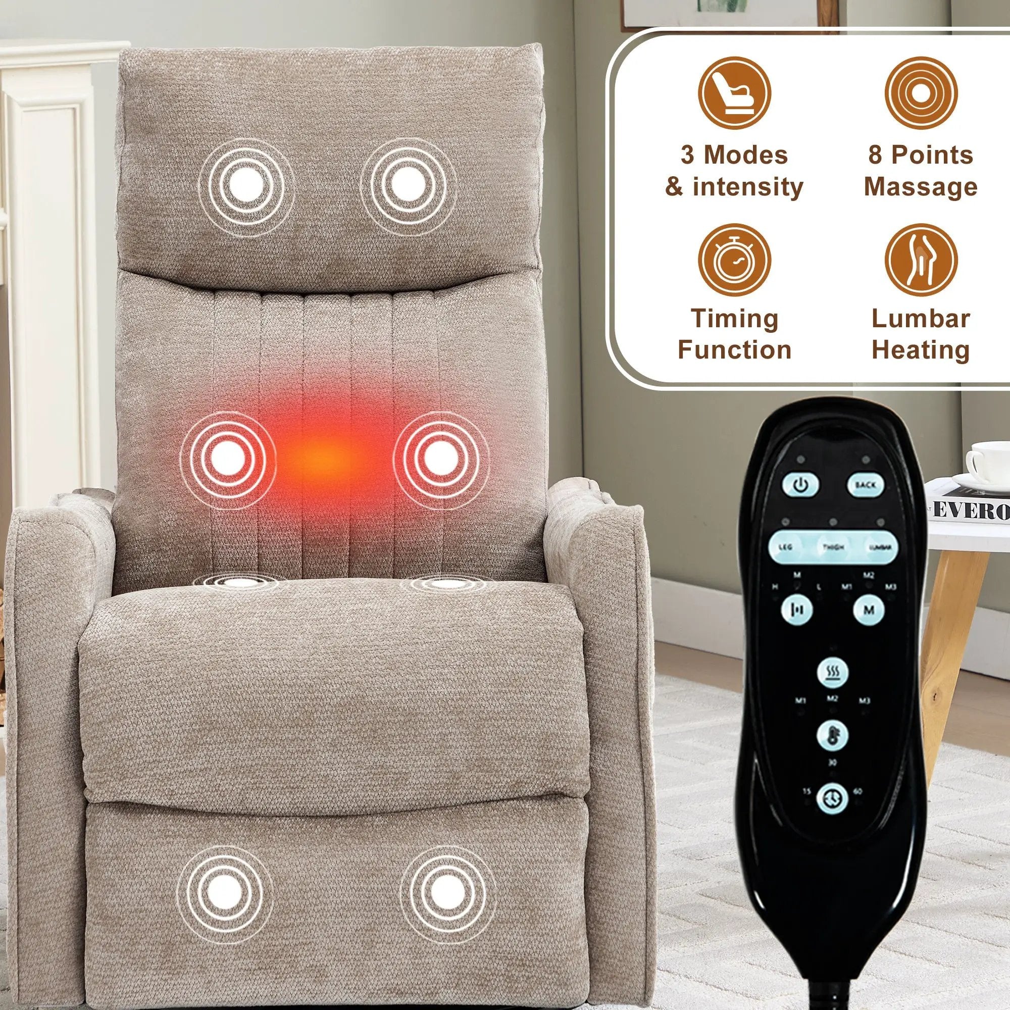 Khaki Heat Massage Manual Recliner Chair with Rocker and Swivel in Fabric for Living Room by HouseOfZazla