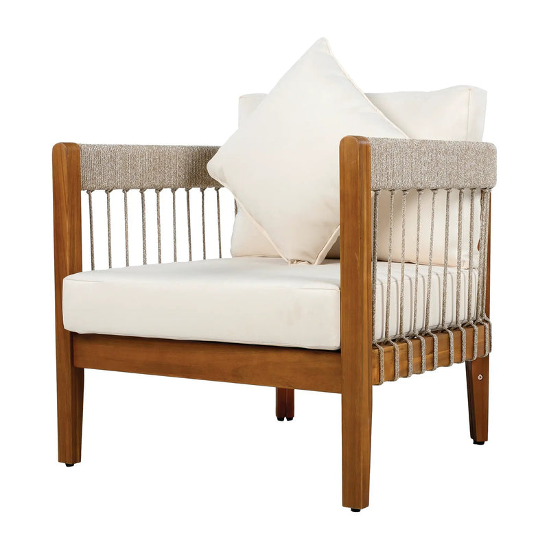 Acacia Wood Outdoor Club Chair with Handwoven Rope Accents & Curved Backrest by HouseOfZazla