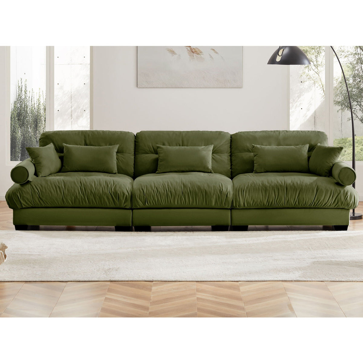 Modern Sofa with Bolstered Armrests and Pillows - Beige or Dark Green, photo 10 of 37