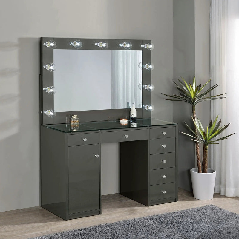 Acena 7-drawer Vanity Set with Lighting Grey High Gloss by Unique Piece Furniture