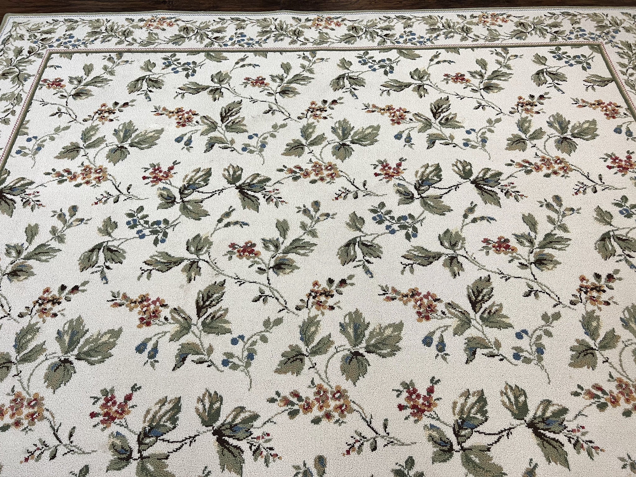 Vintage Stark Carpet 7x10, Ivory and Green, European Aubusson Design, Allover Pattern, Stark Rug by Jewel Rugs