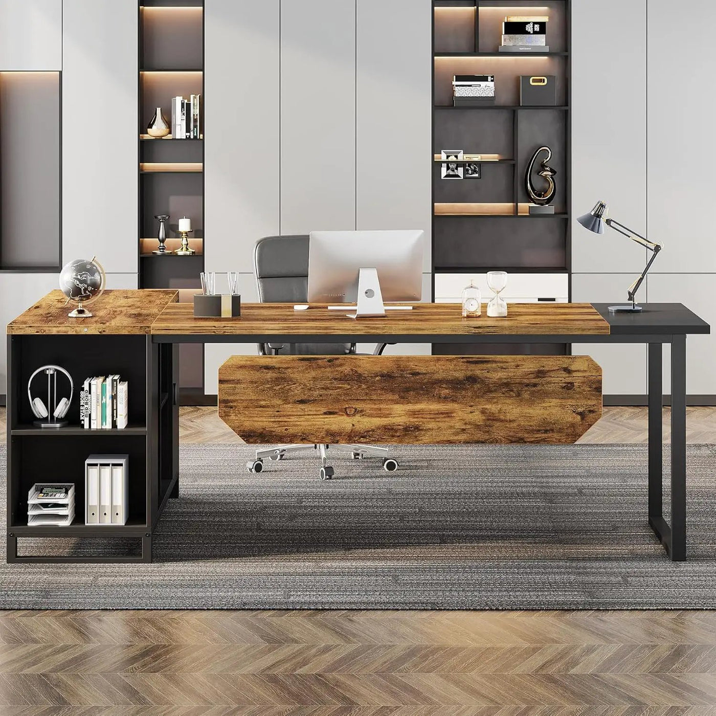 L-Shaped Executive Desk With File Cabinet, Computer Workstation With Storage by HouseOfZazla