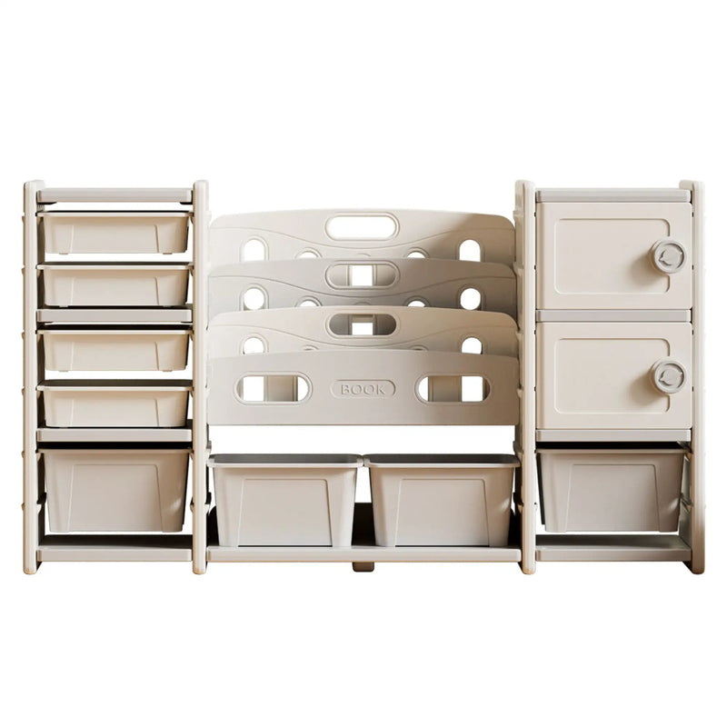 Kids Toy Storage Organizer With 8 Removable Toy Bins, 4 Tier Bookshelf, And 2 Cabinet Storage - Gray / Ivory by HouseOfZazla