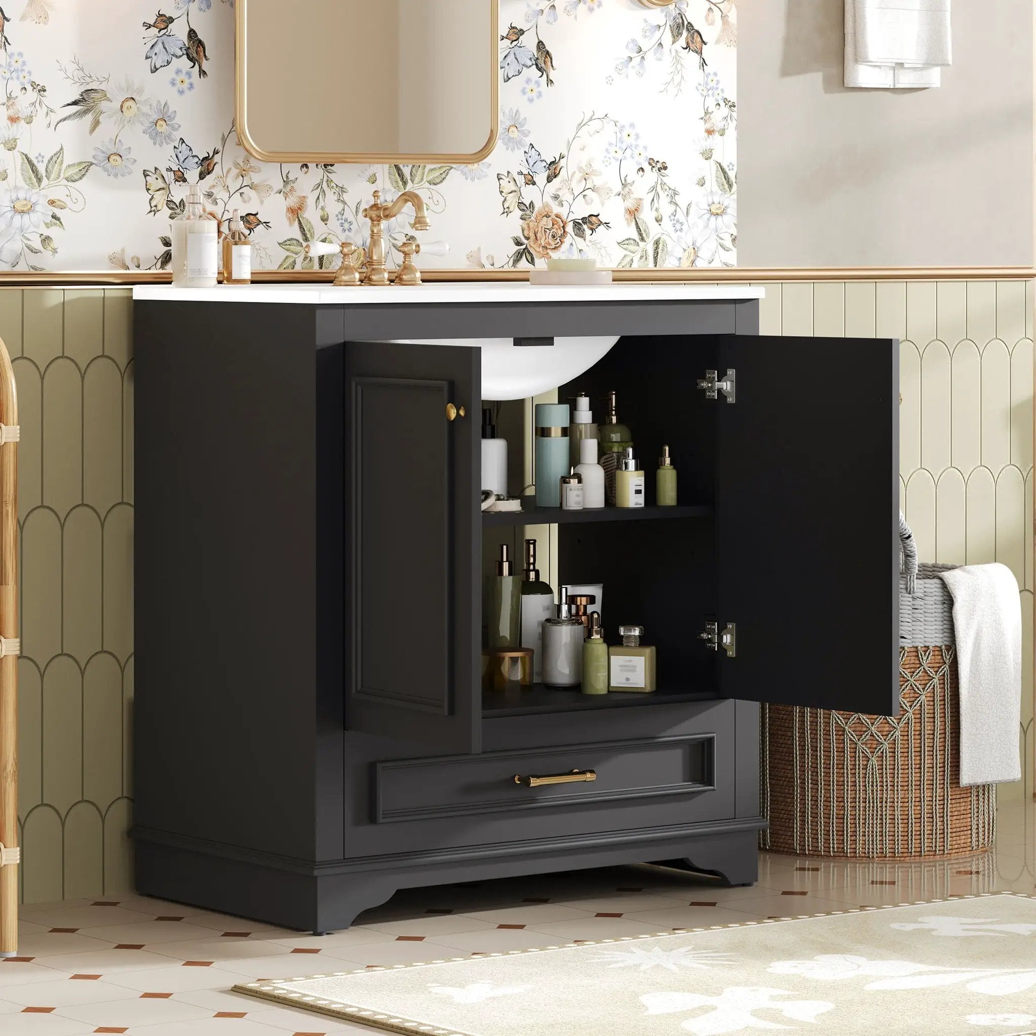 Bathroom Vanity With Sink, Cabinet & 2 Soft Closing Doors & Adjustable Shelf by Unique Piece Furniture