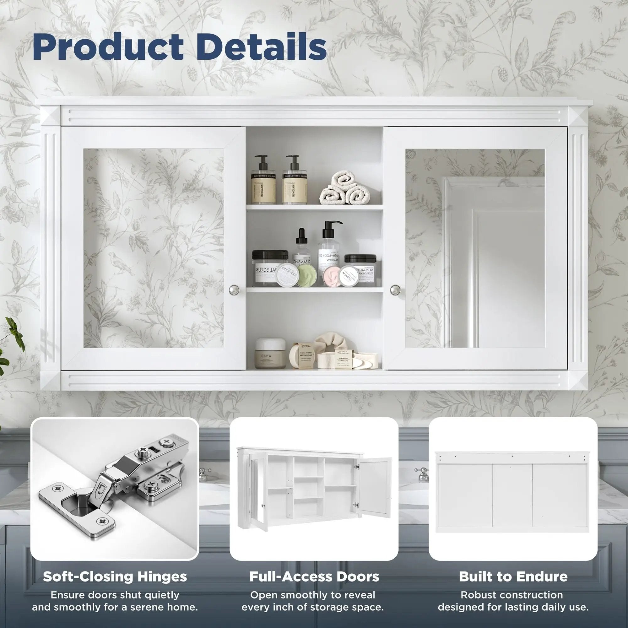 Modern Wall-Mount 2 In 1 Mirror Cabinet With Adjustable Shelves, Soft-Closing Hinges by Unique Piece Furniture