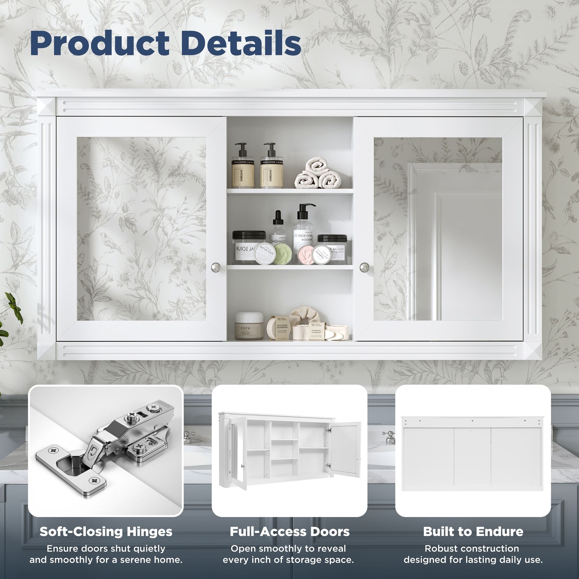 Modern Wall-Mount 2 In 1 Mirror Cabinet With Adjustable Shelves, Soft-Closing Hinges by Unique Piece Furniture