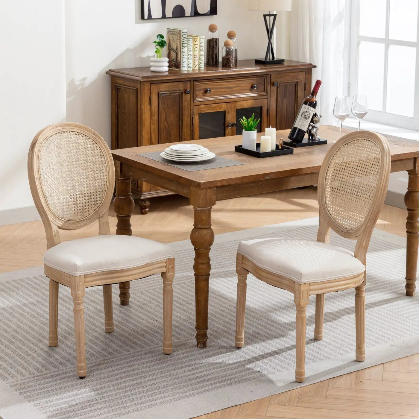 French Style Solid Wood Frame Antique Painting Fabric Rattan Back Dining Chair (Set of 2) by HouseOfZazla