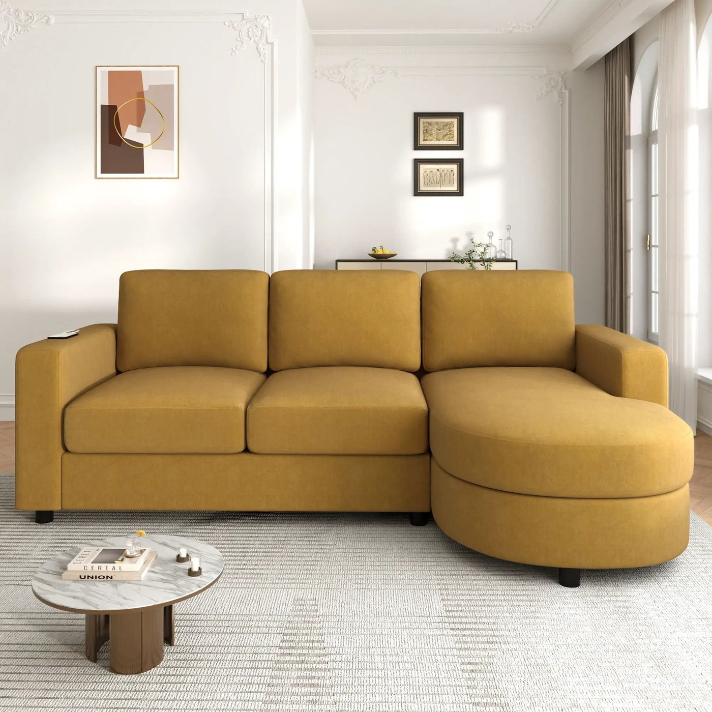 Modern L-Shaped Sectional Sofa With Curved Chaise, USB Ports, And Side Storage Pockets by HouseOfZazla